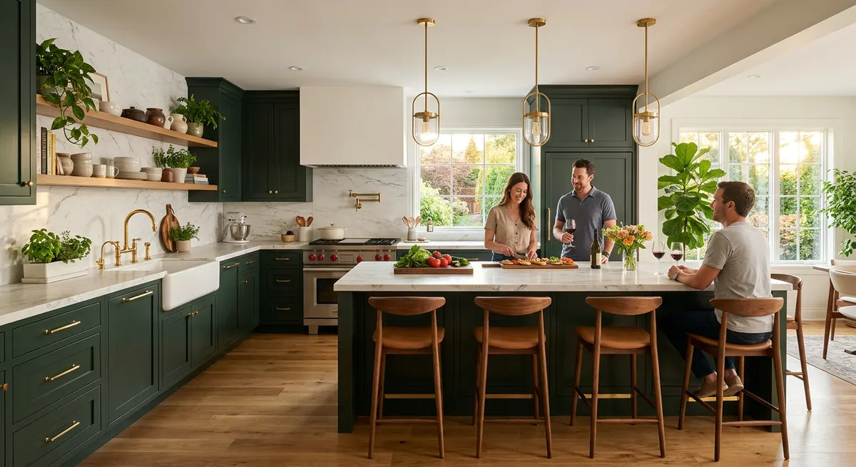 Kitchen with green cabinetry, a central island and pendant lighting