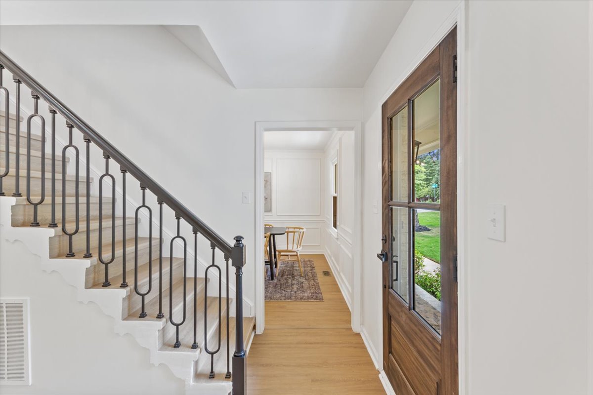 Pepperton: wood entry door and stair railing